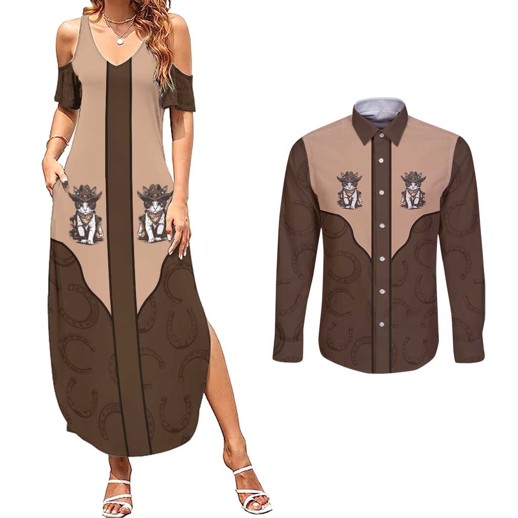 Cowcat Couples Matching Summer Maxi Dress and Long Sleeve Button Shirt Cowboy Cat Meowdy Retro Western Yoke Brown - Wonder Print Shop