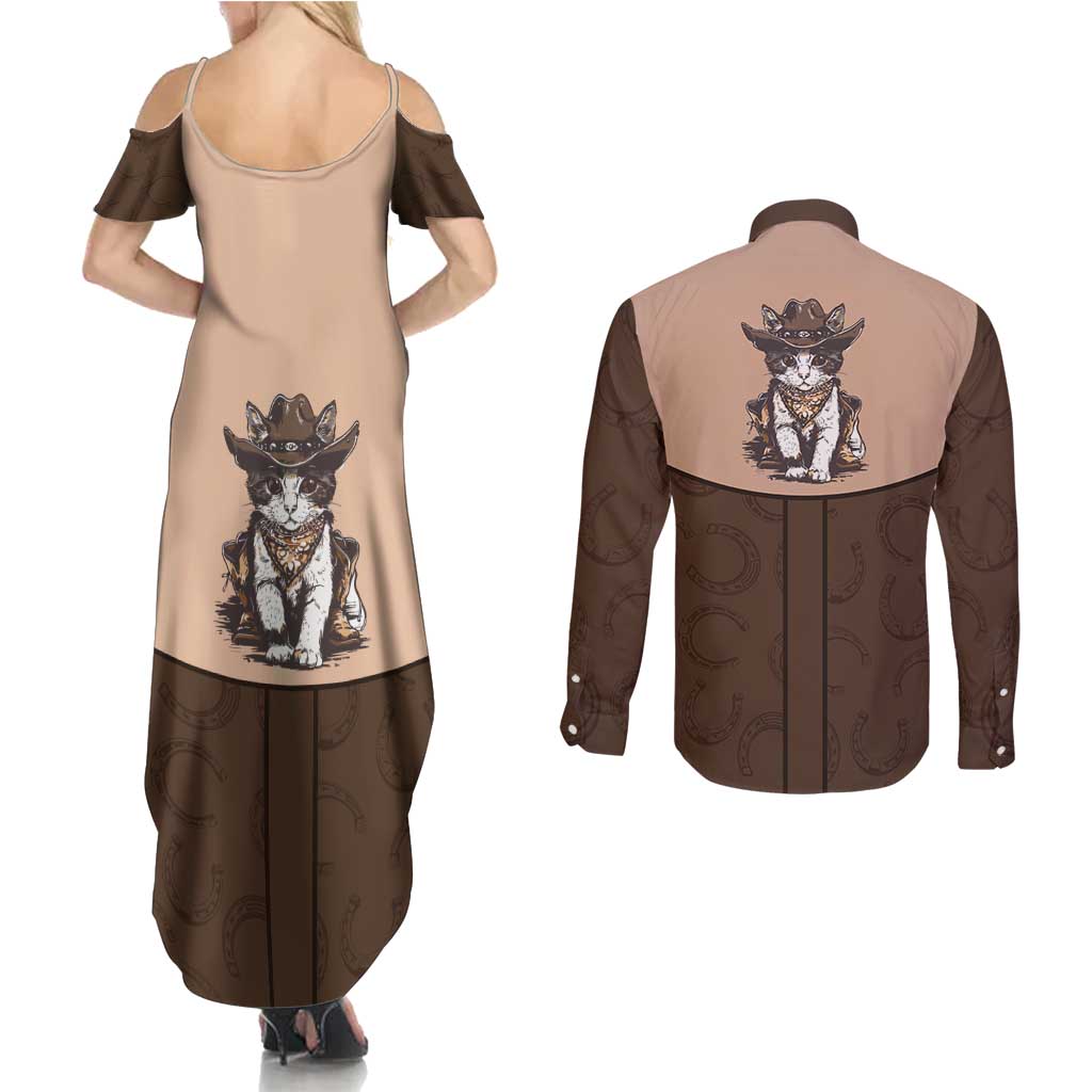 Cowcat Couples Matching Summer Maxi Dress and Long Sleeve Button Shirt Cowboy Cat Meowdy Retro Western Yoke Brown - Wonder Print Shop