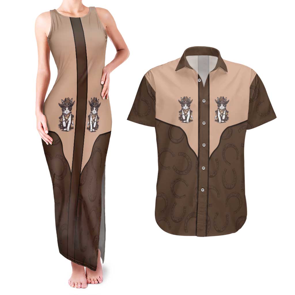 Cowcat Couples Matching Tank Maxi Dress and Hawaiian Shirt Cowboy Cat Meowdy Retro Western Yoke Brown - Wonder Print Shop