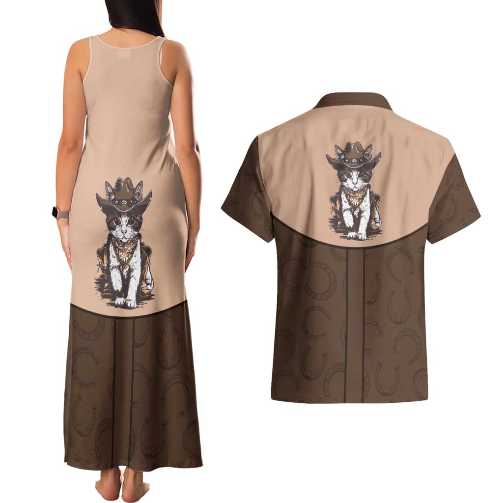 Cowcat Couples Matching Tank Maxi Dress and Hawaiian Shirt Cowboy Cat Meowdy Retro Western Yoke Brown - Wonder Print Shop