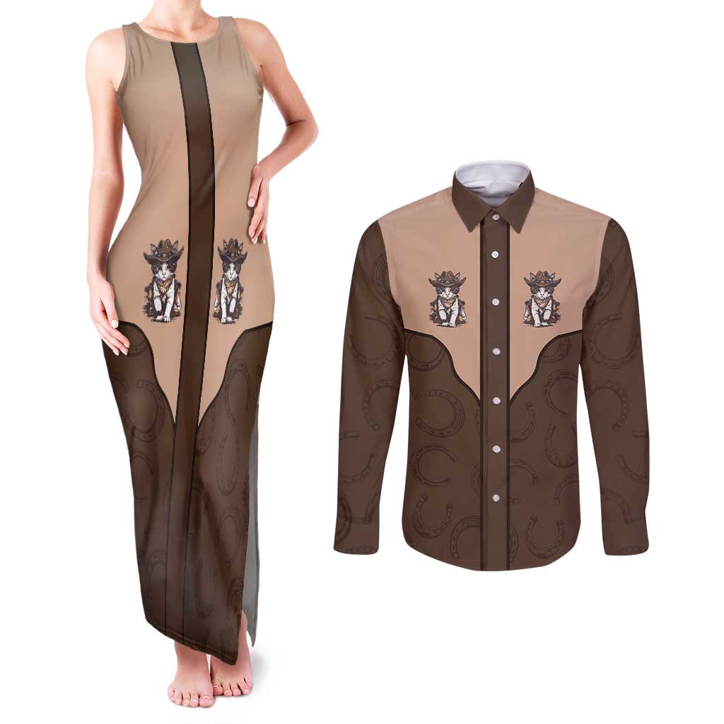 Cowcat Couples Matching Tank Maxi Dress and Long Sleeve Button Shirt Cowboy Cat Meowdy Retro Western Yoke Brown - Wonder Print Shop