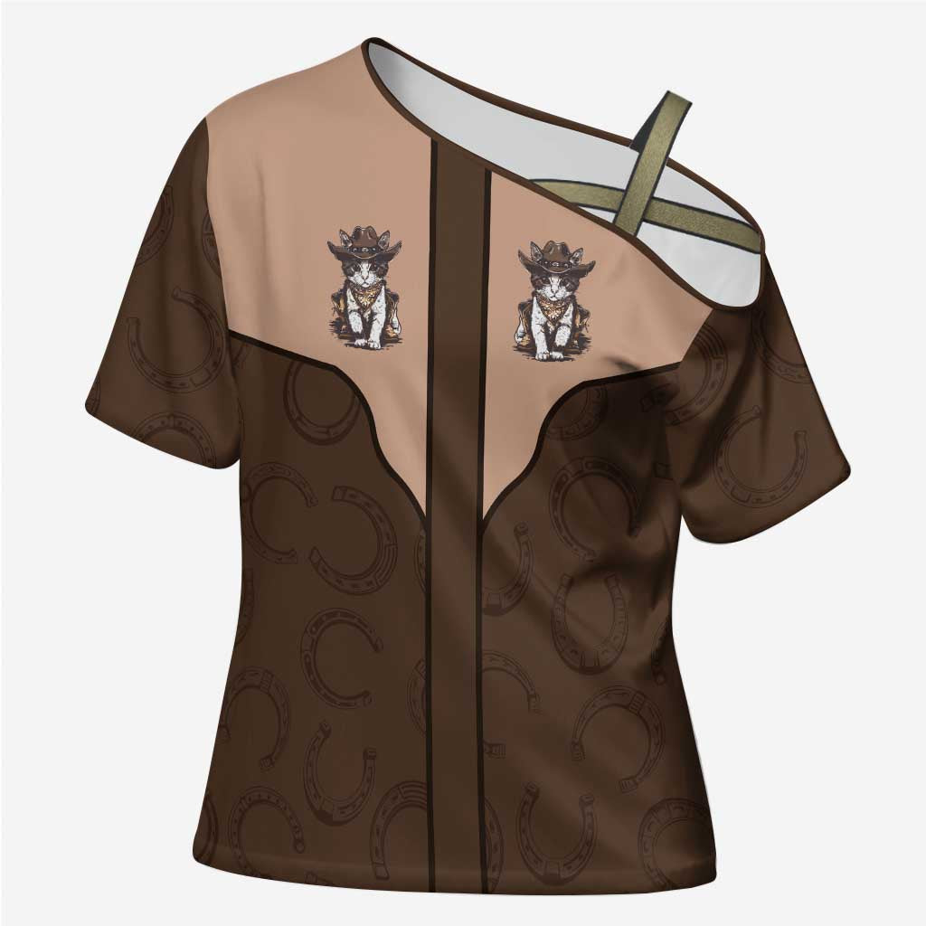 Cowcat Cross Shoulder Shirt Cowboy Cat Meowdy Retro Western Yoke Brown - Wonder Print Shop