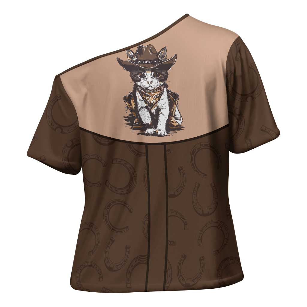 Cowcat Cross Shoulder Shirt Cowboy Cat Meowdy Retro Western Yoke Brown - Wonder Print Shop