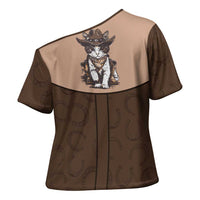Cowcat Cross Shoulder Shirt Cowboy Cat Meowdy Retro Western Yoke Brown - Wonder Print Shop