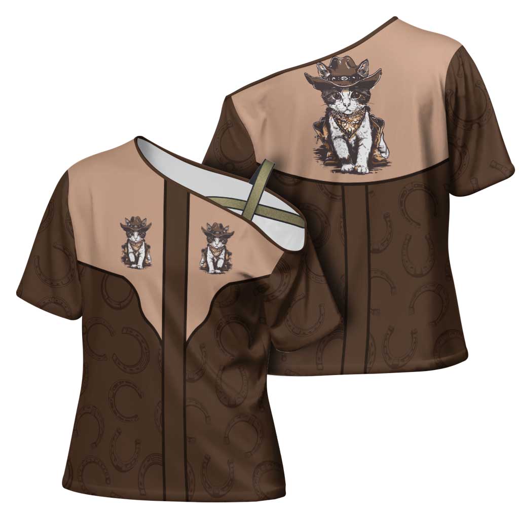 Cowcat Cross Shoulder Shirt Cowboy Cat Meowdy Retro Western Yoke Brown - Wonder Print Shop