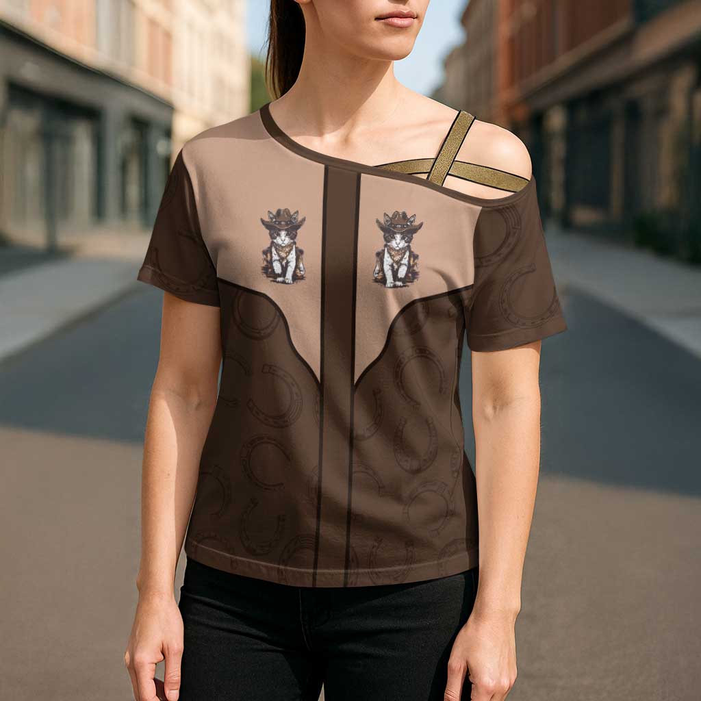 Cowcat Cross Shoulder Shirt Cowboy Cat Meowdy Retro Western Yoke Brown - Wonder Print Shop