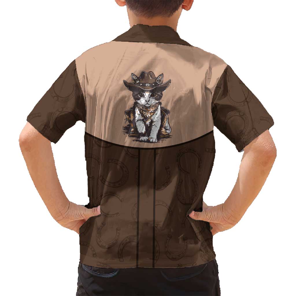 Cowcat Family Matching Long Sleeve Bodycon Dress and Hawaiian Shirt Cowboy Cat Meowdy Retro Western Yoke Brown - Wonder Print Shop