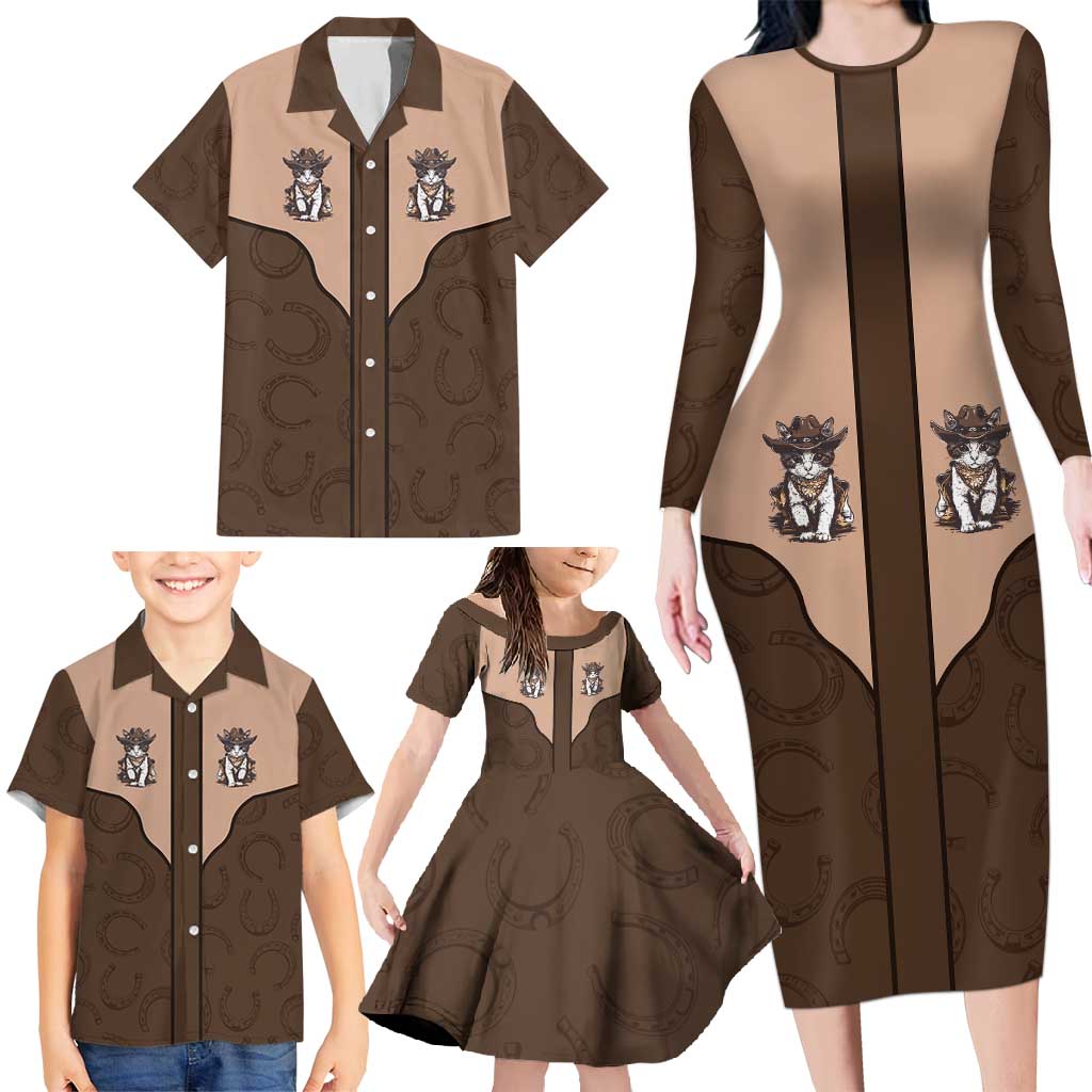 Cowcat Family Matching Long Sleeve Bodycon Dress and Hawaiian Shirt Cowboy Cat Meowdy Retro Western Yoke Brown - Wonder Print Shop