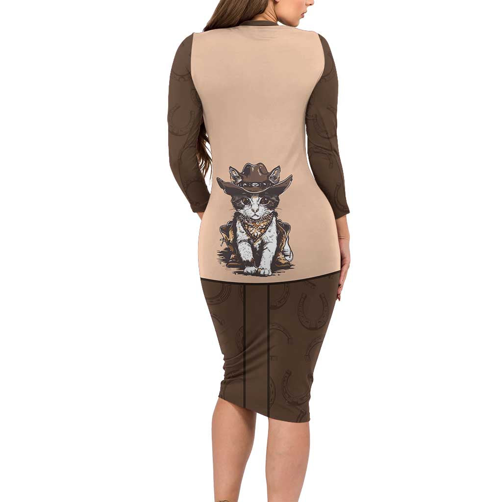 Cowcat Family Matching Long Sleeve Bodycon Dress and Hawaiian Shirt Cowboy Cat Meowdy Retro Western Yoke Brown - Wonder Print Shop