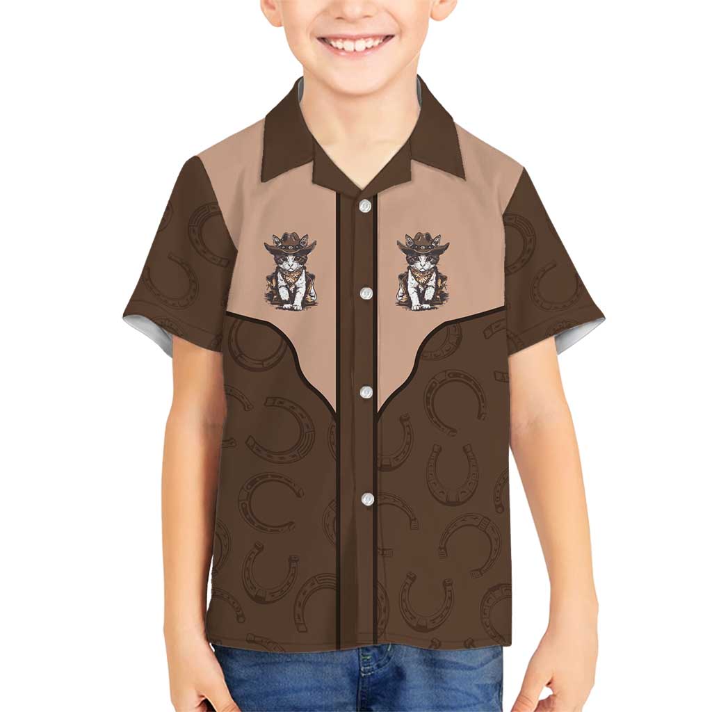 Cowcat Family Matching Long Sleeve Bodycon Dress and Hawaiian Shirt Cowboy Cat Meowdy Retro Western Yoke Brown - Wonder Print Shop
