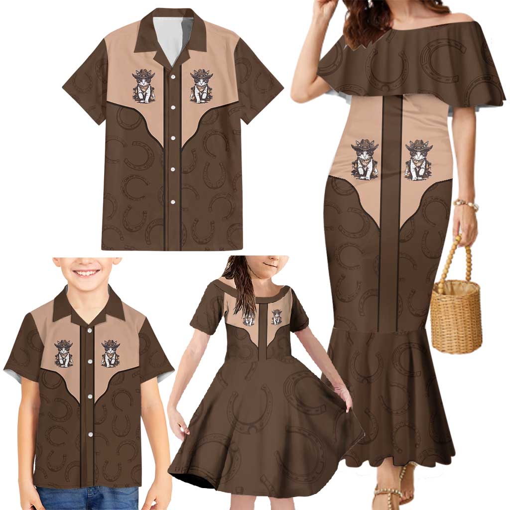 Cowcat Family Matching Mermaid Dress and Hawaiian Shirt Cowboy Cat Meowdy Retro Western Yoke Brown - Wonder Print Shop