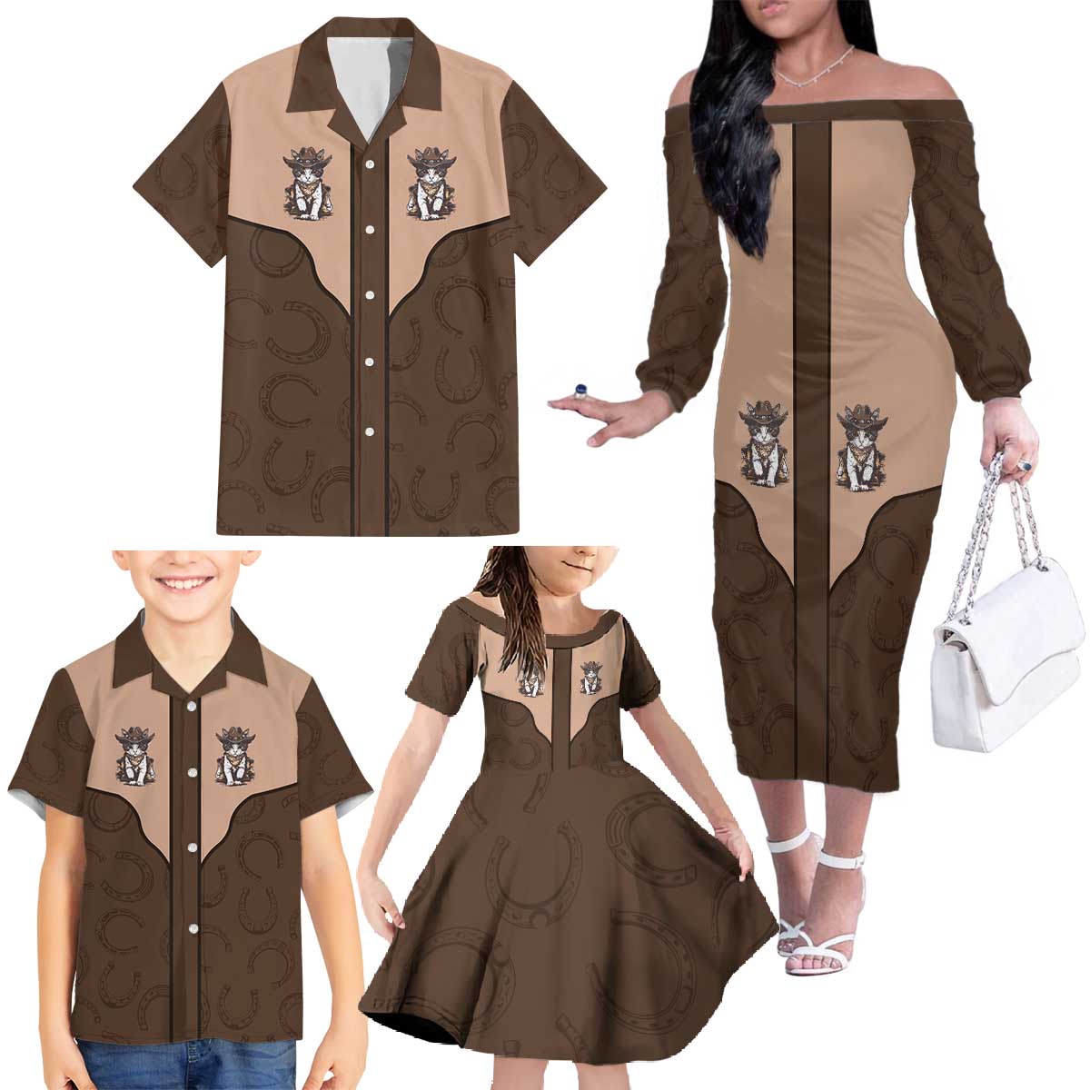 Cowcat Family Matching Off The Shoulder Long Sleeve Dress and Hawaiian Shirt Cowboy Cat Meowdy Retro Western Yoke Brown - Wonder Print Shop