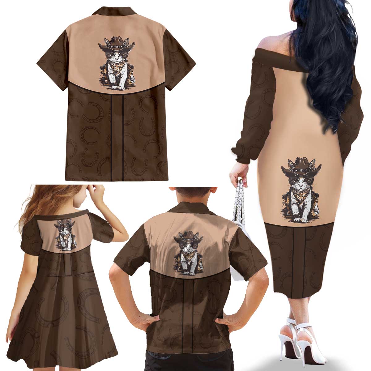 Cowcat Family Matching Off The Shoulder Long Sleeve Dress and Hawaiian Shirt Cowboy Cat Meowdy Retro Western Yoke Brown - Wonder Print Shop