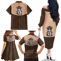 Cowcat Family Matching Off The Shoulder Long Sleeve Dress and Hawaiian Shirt Cowboy Cat Meowdy Retro Western Yoke Brown - Wonder Print Shop