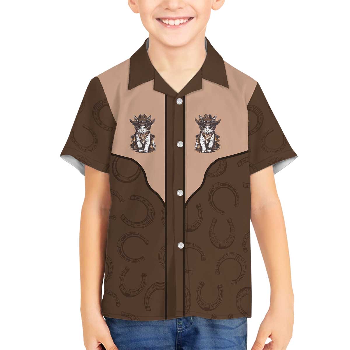 Cowcat Family Matching Off The Shoulder Long Sleeve Dress and Hawaiian Shirt Cowboy Cat Meowdy Retro Western Yoke Brown - Wonder Print Shop