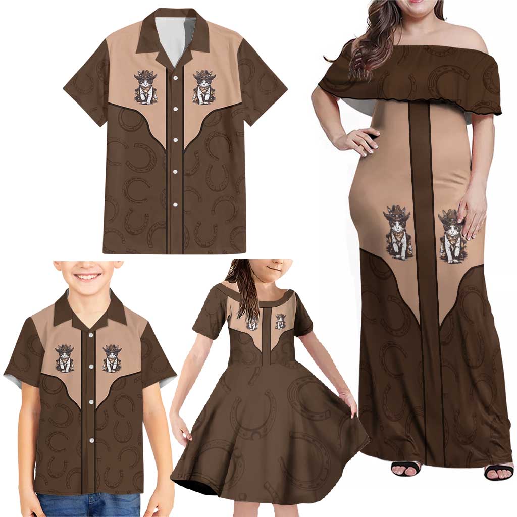Cowcat Family Matching Off Shoulder Maxi Dress and Hawaiian Shirt Cowboy Cat Meowdy Retro Western Yoke Brown - Wonder Print Shop