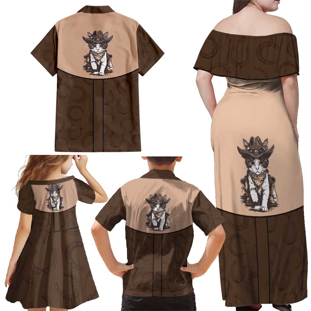 Cowcat Family Matching Off Shoulder Maxi Dress and Hawaiian Shirt Cowboy Cat Meowdy Retro Western Yoke Brown - Wonder Print Shop