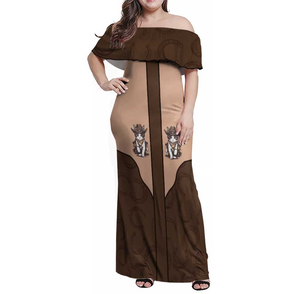 Cowcat Family Matching Off Shoulder Maxi Dress and Hawaiian Shirt Cowboy Cat Meowdy Retro Western Yoke Brown - Wonder Print Shop