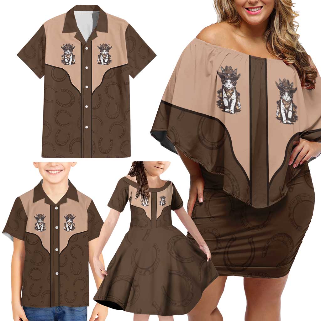 Cowcat Family Matching Off Shoulder Short Dress and Hawaiian Shirt Cowboy Cat Meowdy Retro Western Yoke Brown - Wonder Print Shop