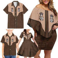 Cowcat Family Matching Off Shoulder Short Dress and Hawaiian Shirt Cowboy Cat Meowdy Retro Western Yoke Brown - Wonder Print Shop