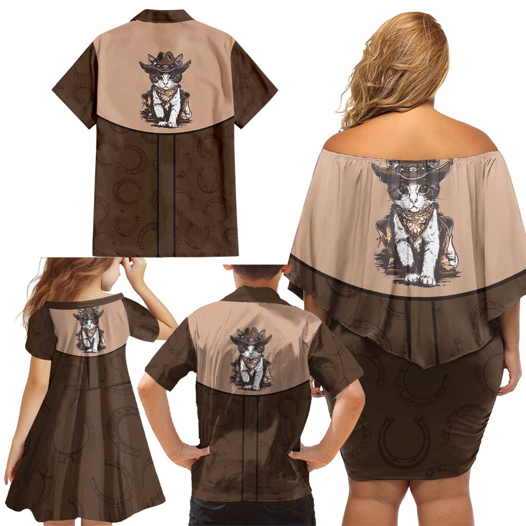 Cowcat Family Matching Off Shoulder Short Dress and Hawaiian Shirt Cowboy Cat Meowdy Retro Western Yoke Brown - Wonder Print Shop