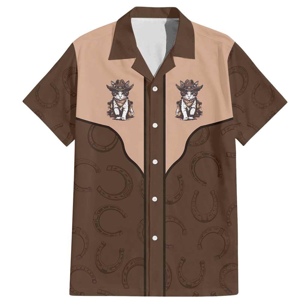 Cowcat Family Matching Off Shoulder Short Dress and Hawaiian Shirt Cowboy Cat Meowdy Retro Western Yoke Brown - Wonder Print Shop