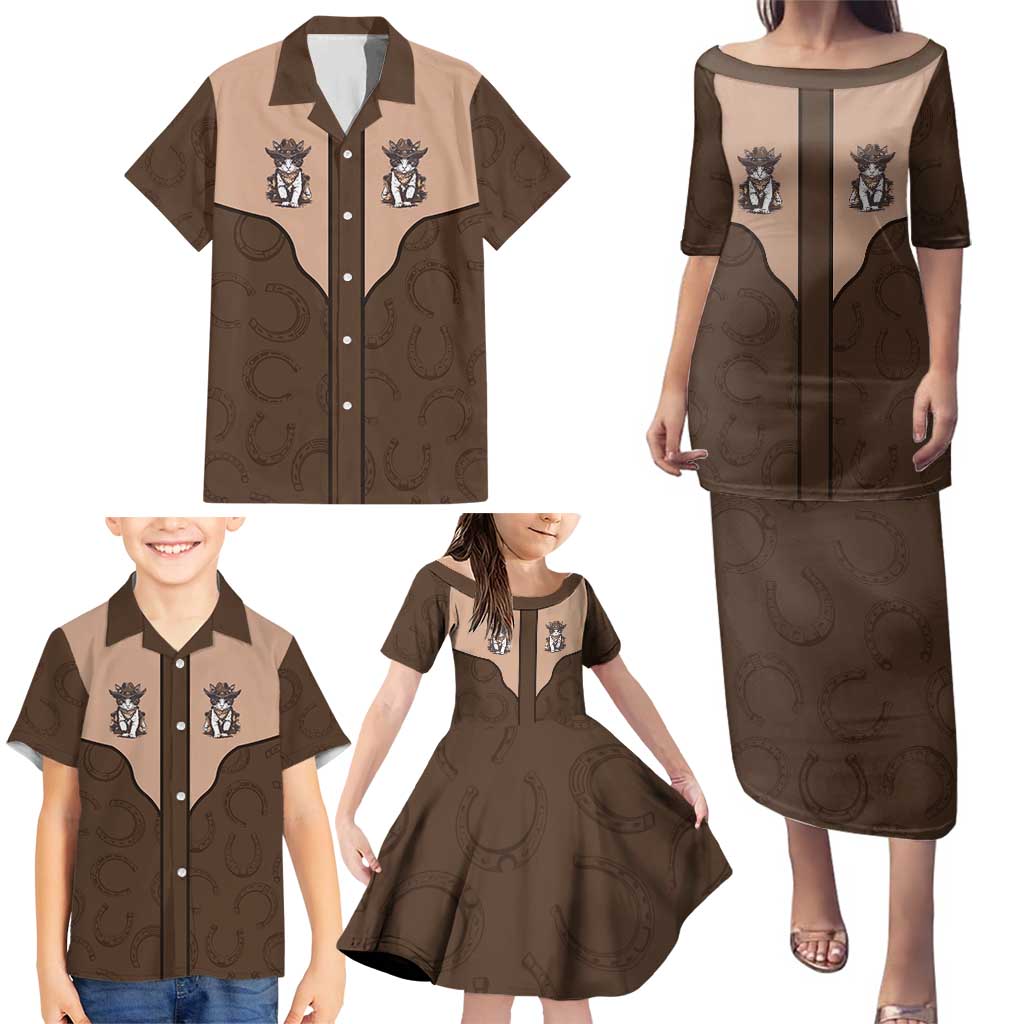 Cowcat Family Matching Puletasi and Hawaiian Shirt Cowboy Cat Meowdy Retro Western Yoke Brown - Wonder Print Shop