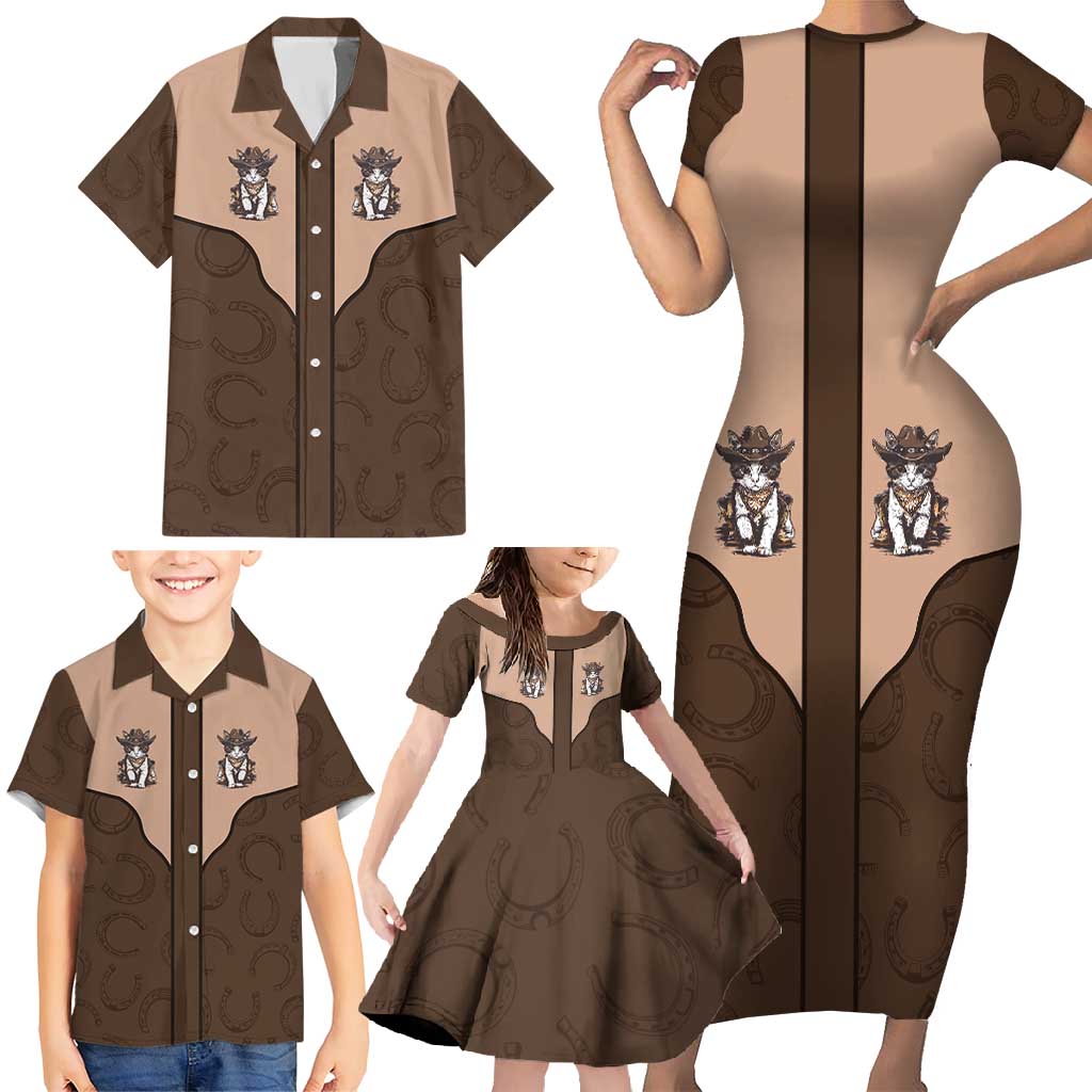 Cowcat Family Matching Short Sleeve Bodycon Dress and Hawaiian Shirt Cowboy Cat Meowdy Retro Western Yoke Brown - Wonder Print Shop
