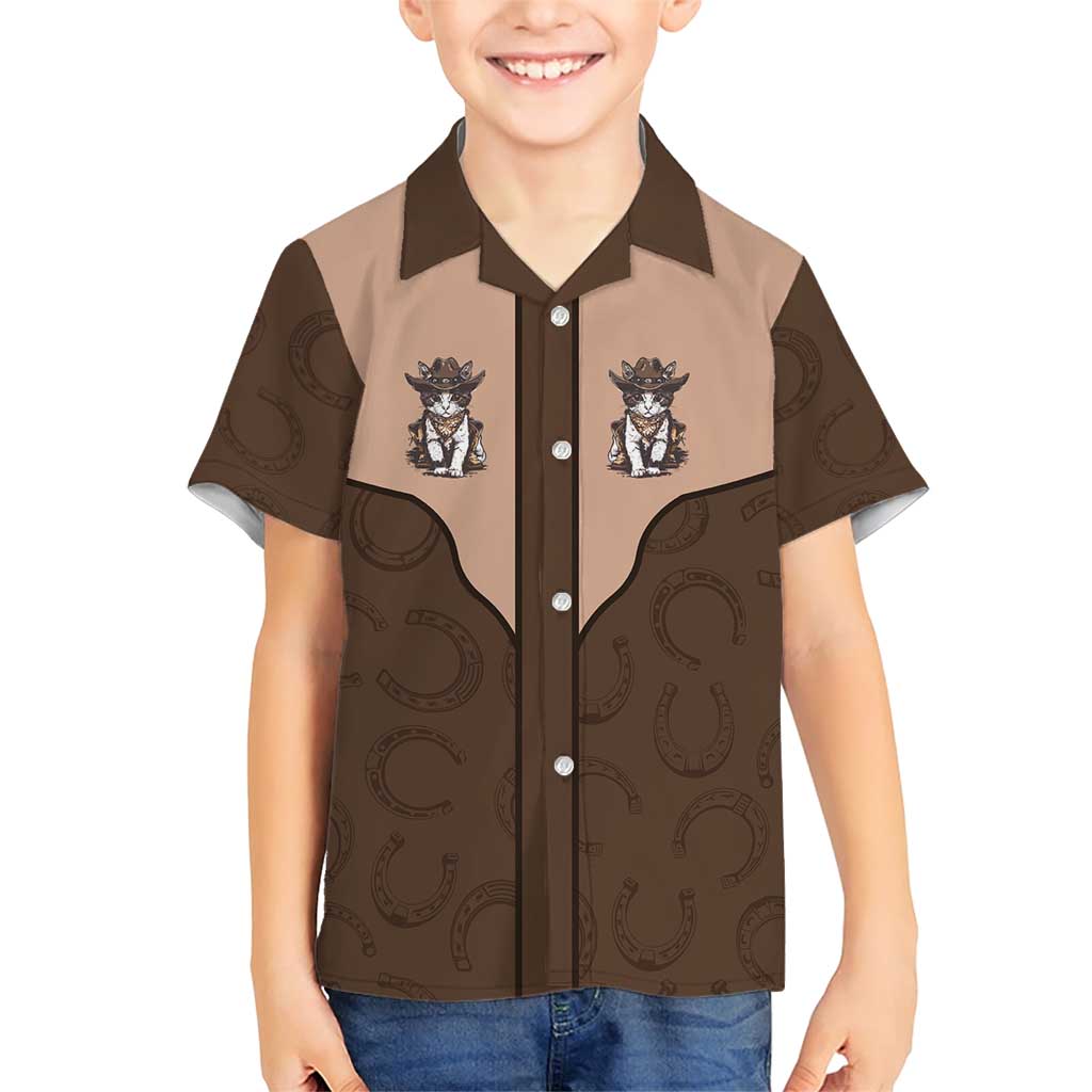 Cowcat Family Matching Short Sleeve Bodycon Dress and Hawaiian Shirt Cowboy Cat Meowdy Retro Western Yoke Brown - Wonder Print Shop