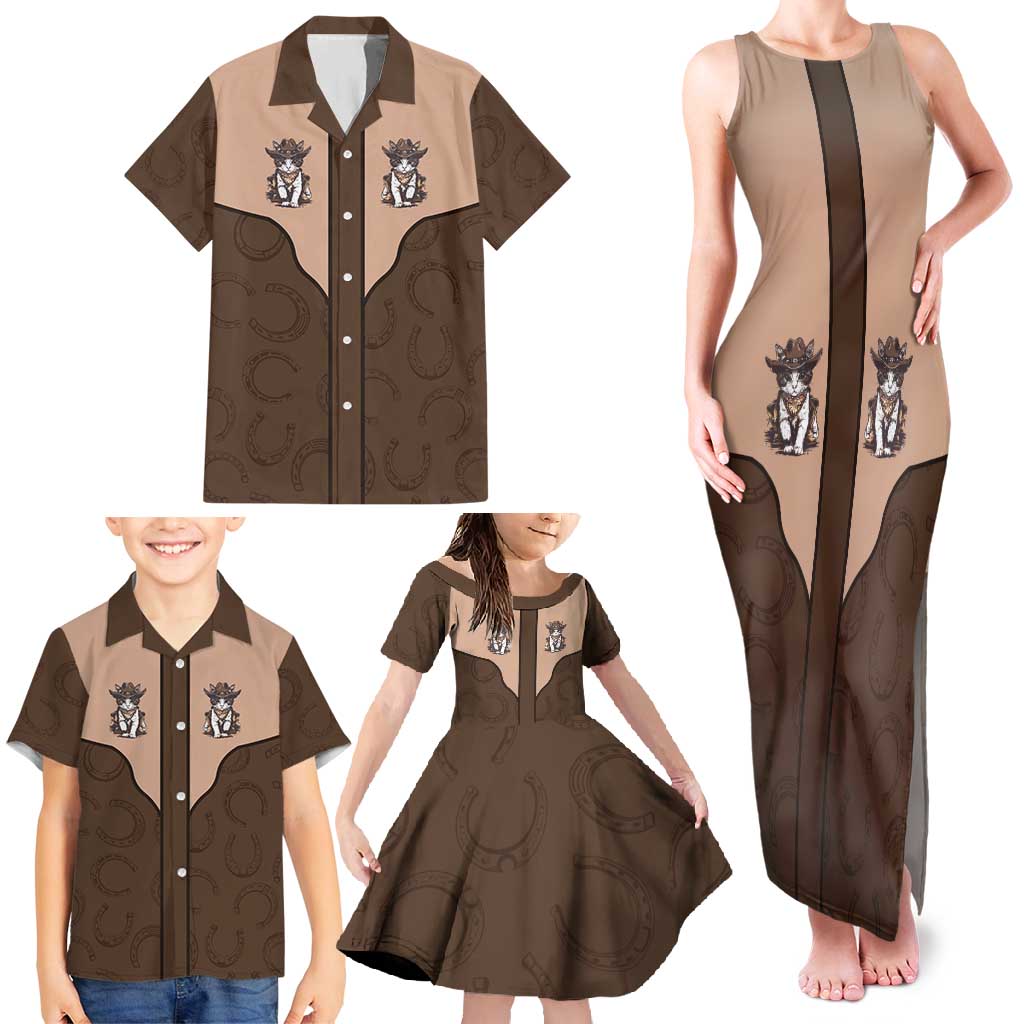 Cowcat Family Matching Tank Maxi Dress and Hawaiian Shirt Cowboy Cat Meowdy Retro Western Yoke Brown - Wonder Print Shop