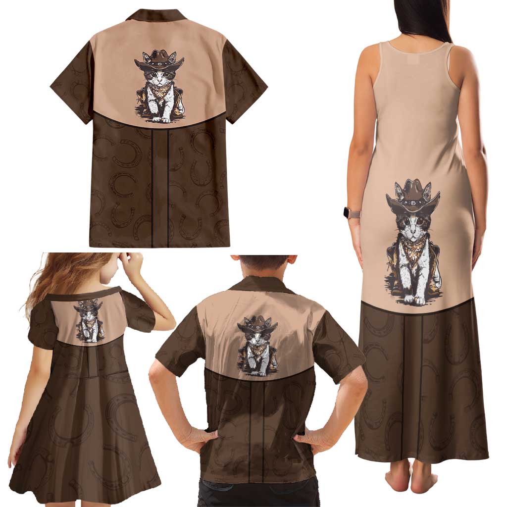 Cowcat Family Matching Tank Maxi Dress and Hawaiian Shirt Cowboy Cat Meowdy Retro Western Yoke Brown - Wonder Print Shop