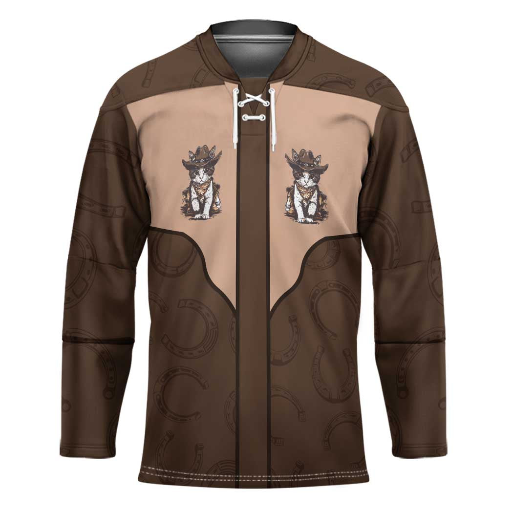 Cowcat Hockey Jersey Cowboy Cat Meowdy Retro Western Yoke Brown - Wonder Print Shop