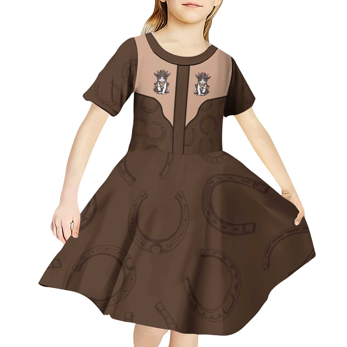 Cowcat Kid Short Sleeve Dress Cowboy Cat Meowdy Retro Western Yoke Brown - Wonder Print Shop