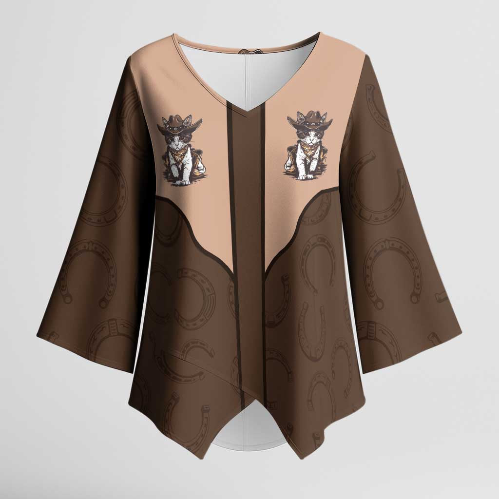 Cowcat Kimono Sleeve Blouse Cowboy Cat Meowdy Retro Western Yoke Brown - Wonder Print Shop