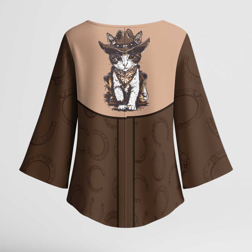 Cowcat Kimono Sleeve Blouse Cowboy Cat Meowdy Retro Western Yoke Brown - Wonder Print Shop