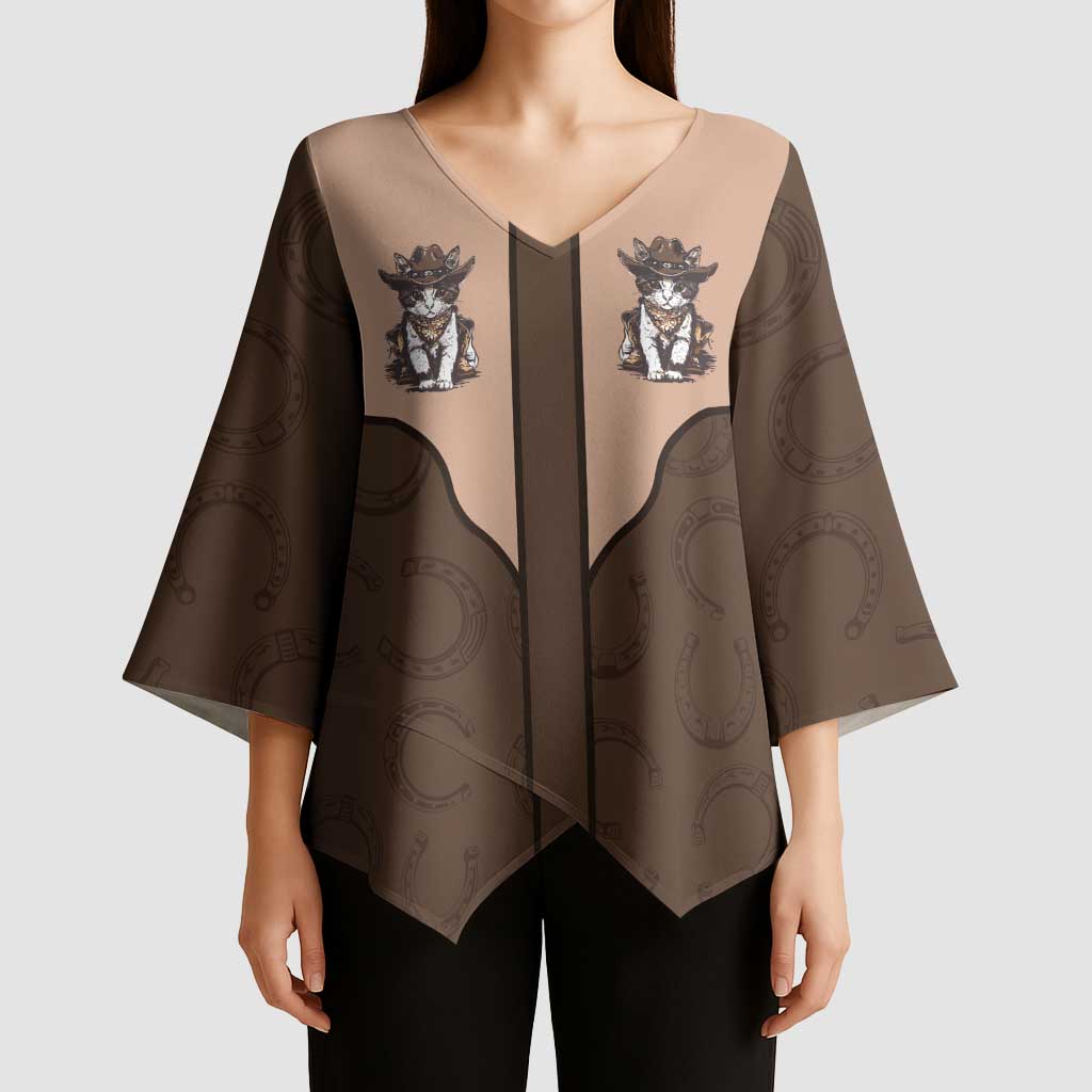 Cowcat Kimono Sleeve Blouse Cowboy Cat Meowdy Retro Western Yoke Brown - Wonder Print Shop