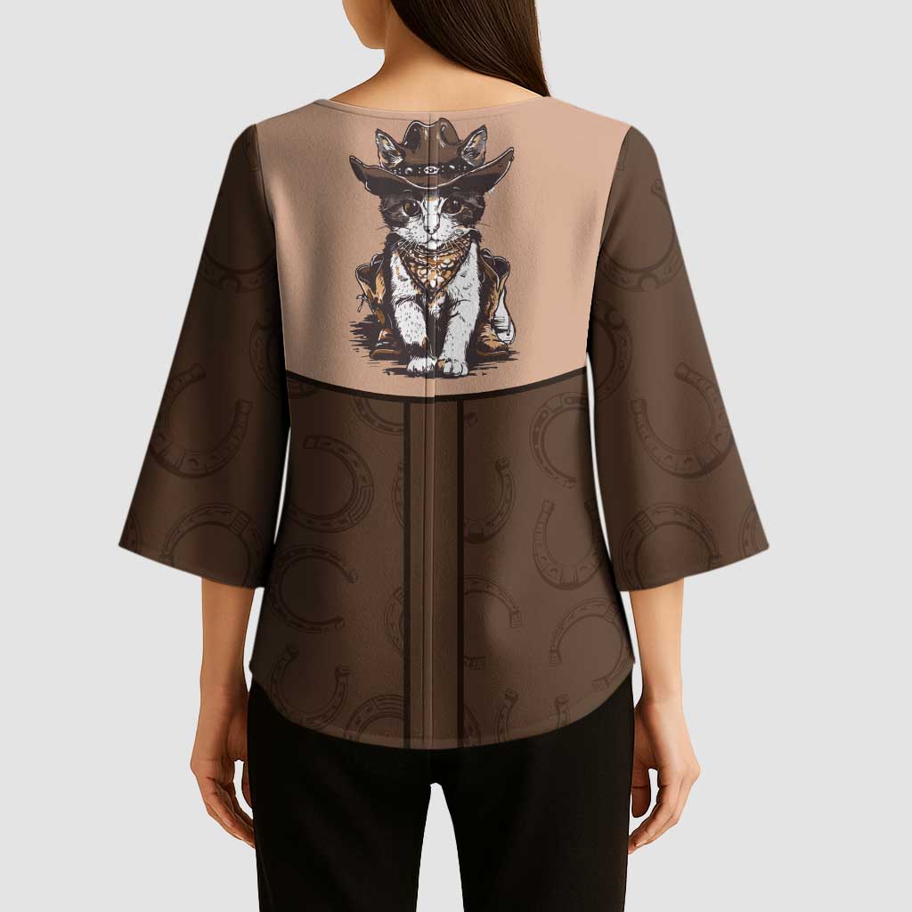 Cowcat Kimono Sleeve Blouse Cowboy Cat Meowdy Retro Western Yoke Brown - Wonder Print Shop