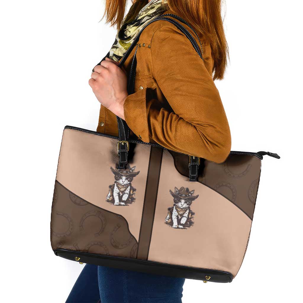 Cowcat Leather Tote Bag Cowboy Cat Meowdy Retro Western Yoke Brown - Wonder Print Shop