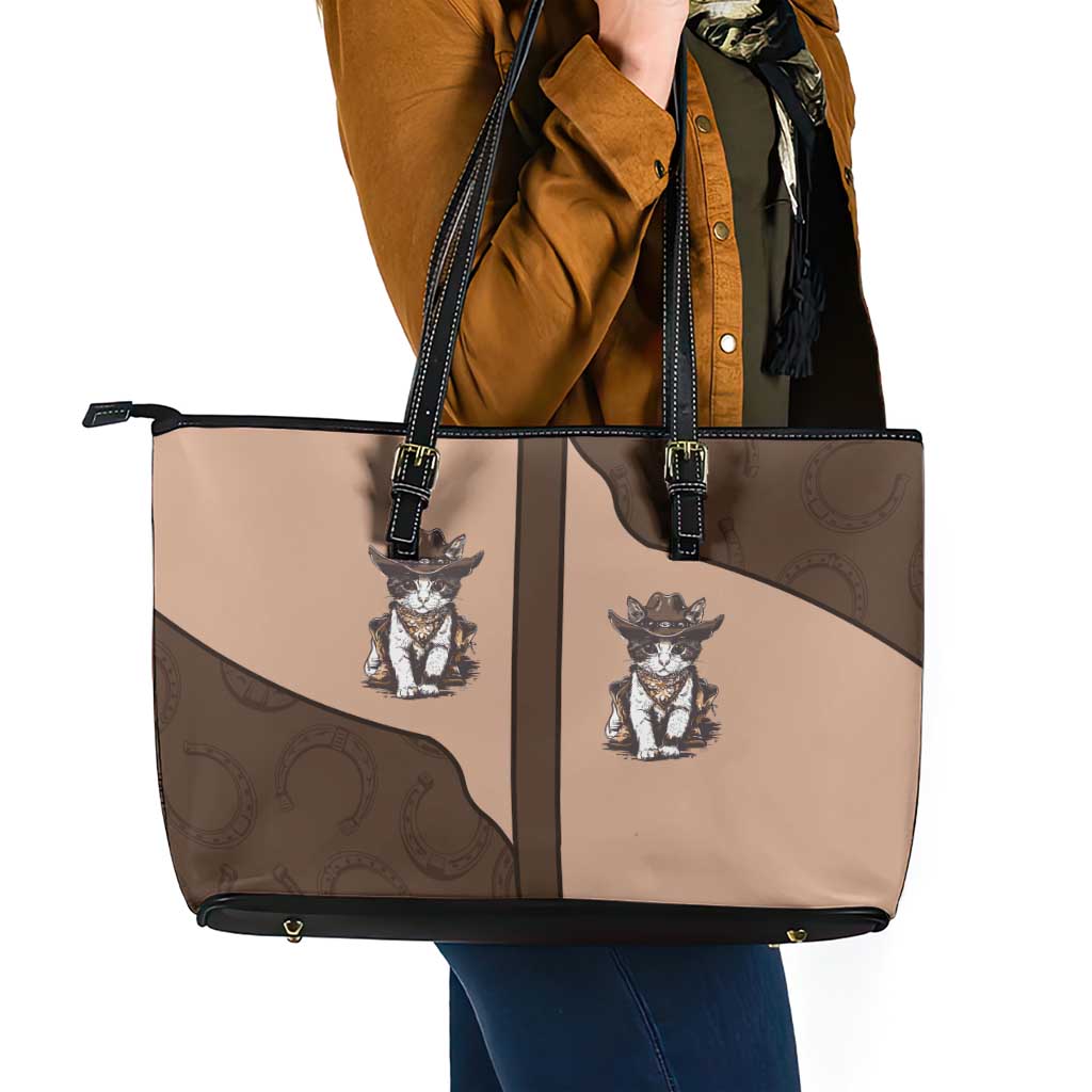 Cowcat Leather Tote Bag Cowboy Cat Meowdy Retro Western Yoke Brown - Wonder Print Shop