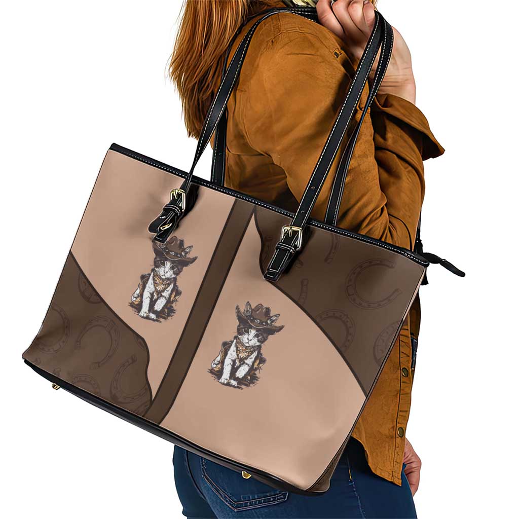 Cowcat Leather Tote Bag Cowboy Cat Meowdy Retro Western Yoke Brown - Wonder Print Shop