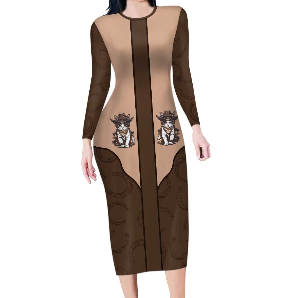 Cowcat Long Sleeve Bodycon Dress Cowboy Cat Meowdy Retro Western Yoke Brown - Wonder Print Shop