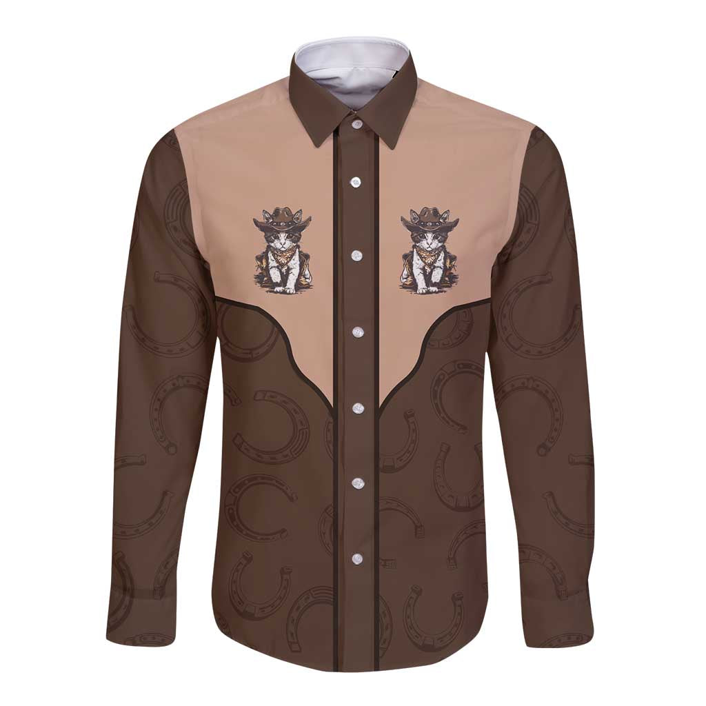 Cowcat Long Sleeve Button Shirt Cowboy Cat Meowdy Retro Western Yoke Brown - Wonder Print Shop