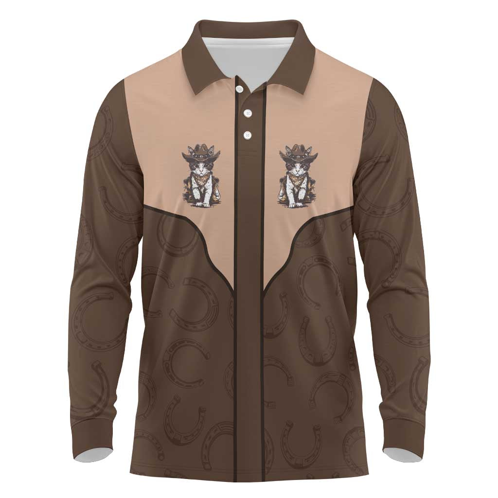 Cowcat Long Sleeve Polo Shirt Cowboy Cat Meowdy Retro Western Yoke Brown - Wonder Print Shop
