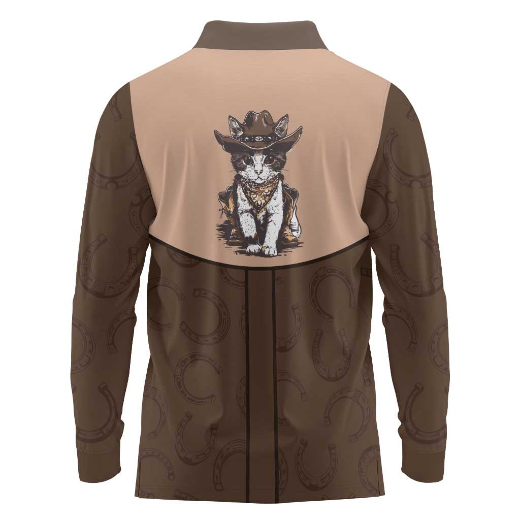 Cowcat Long Sleeve Polo Shirt Cowboy Cat Meowdy Retro Western Yoke Brown - Wonder Print Shop