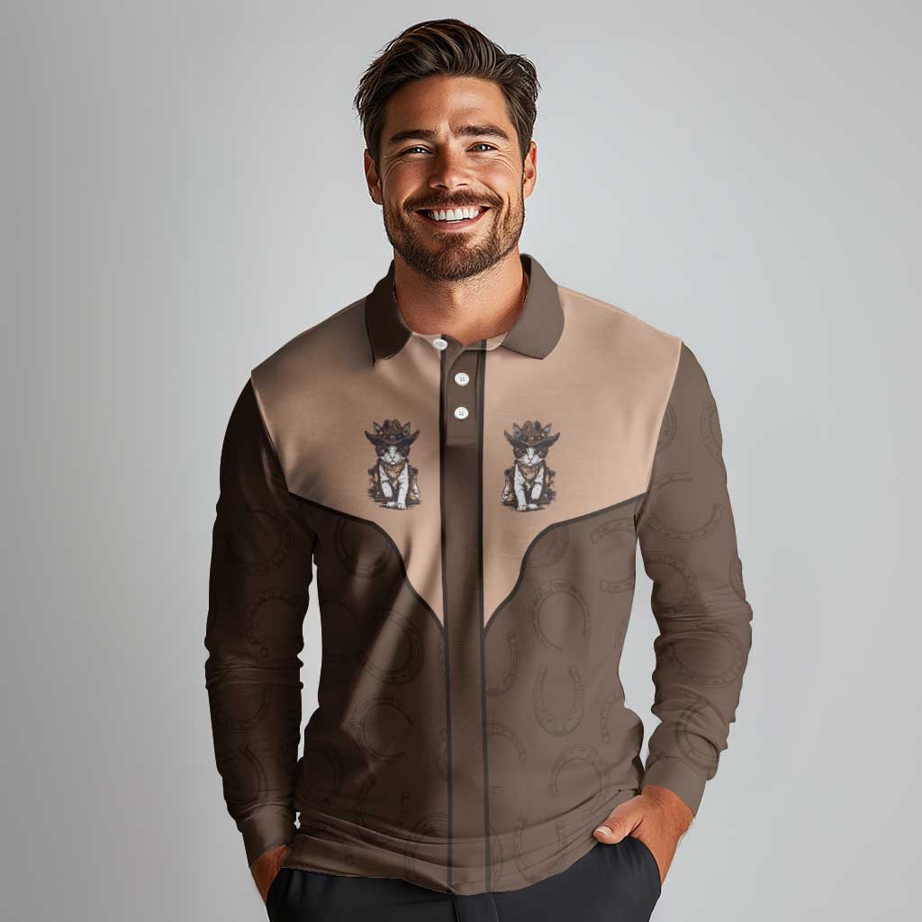 Cowcat Long Sleeve Polo Shirt Cowboy Cat Meowdy Retro Western Yoke Brown - Wonder Print Shop