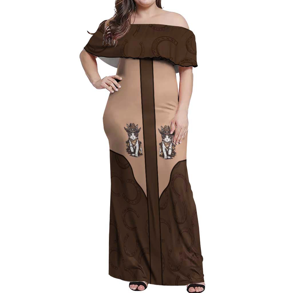 Cowcat Off Shoulder Maxi Dress Cowboy Cat Meowdy Retro Western Yoke Brown - Wonder Print Shop