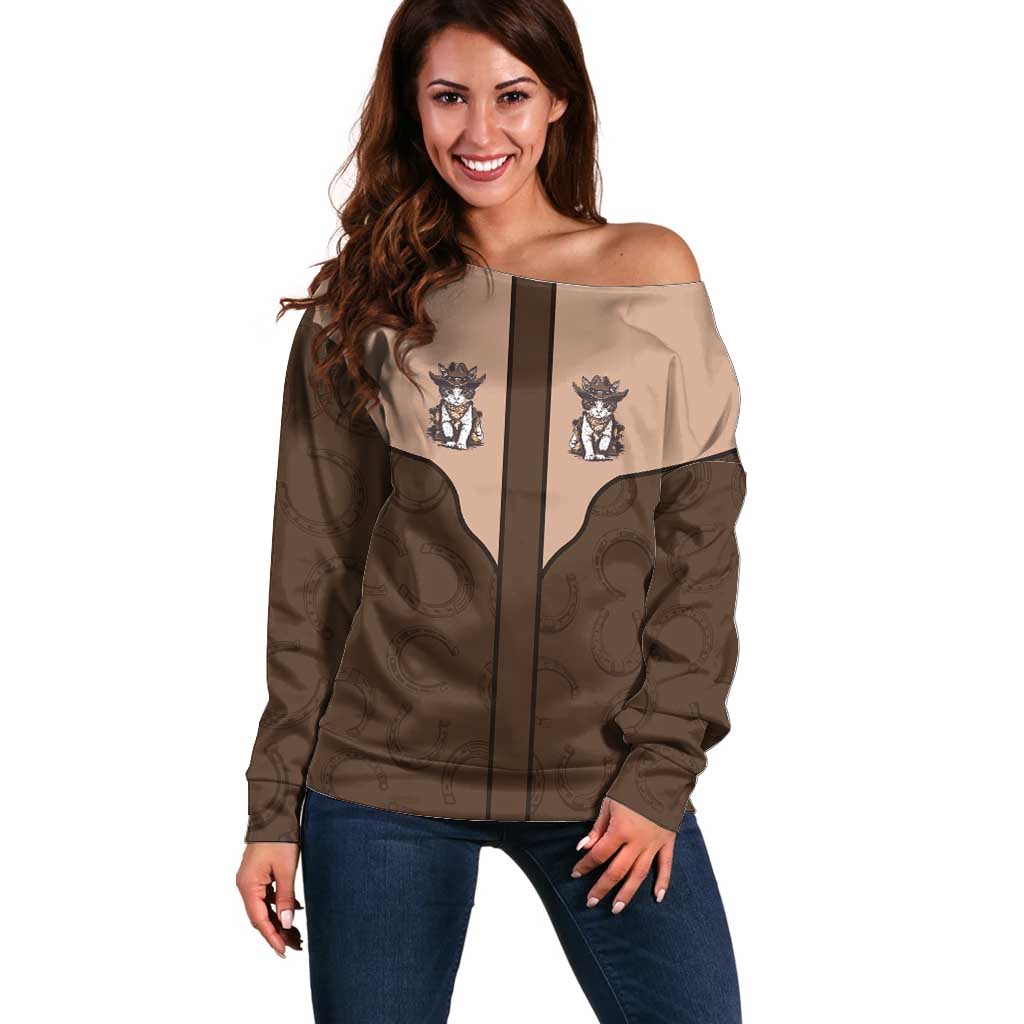 Cowcat Off Shoulder Sweater Cowboy Cat Meowdy Retro Western Yoke Brown - Wonder Print Shop