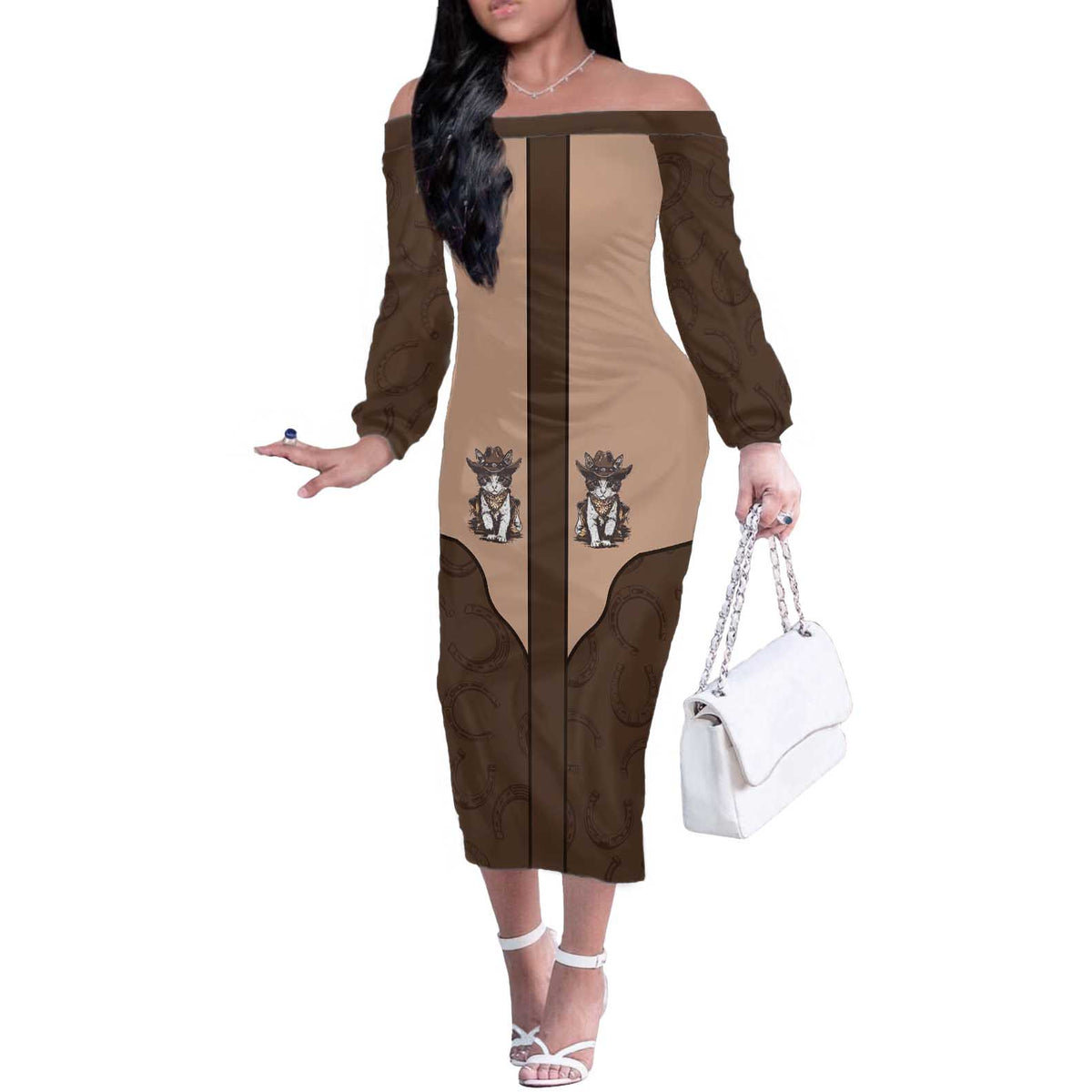 Cowcat Off The Shoulder Long Sleeve Dress Cowboy Cat Meowdy Retro Western Yoke Brown - Wonder Print Shop