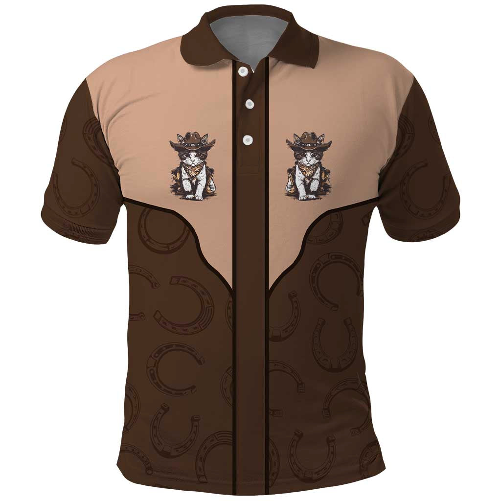 Cowcat Polo Shirt Cowboy Cat Meowdy Retro Western Yoke Brown - Wonder Print Shop