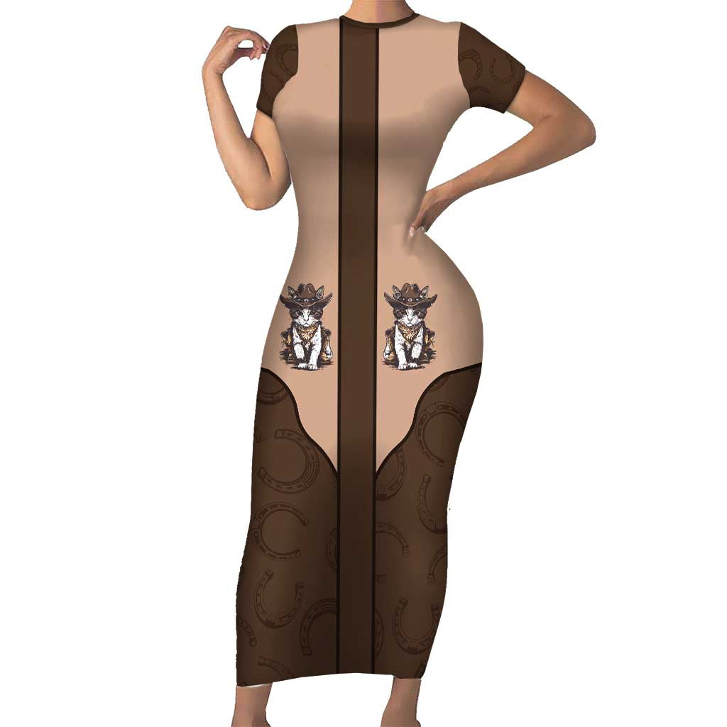 Cowcat Short Sleeve Bodycon Dress Cowboy Cat Meowdy Retro Western Yoke Brown - Wonder Print Shop
